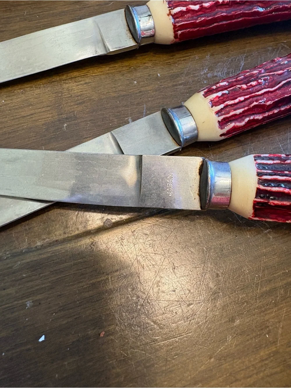 Vintage Steak Knives Japan Faux Antlers Horn Grooved Oxblood Red Stag MCM Retro